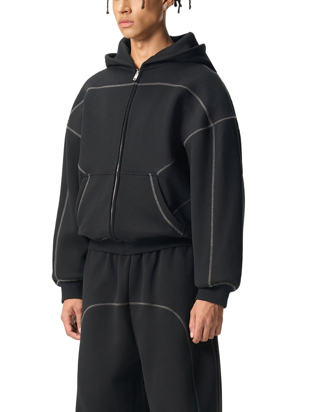 Contrast - Stitched Boxy Fleece Zip Hoodie - Simpleblanks