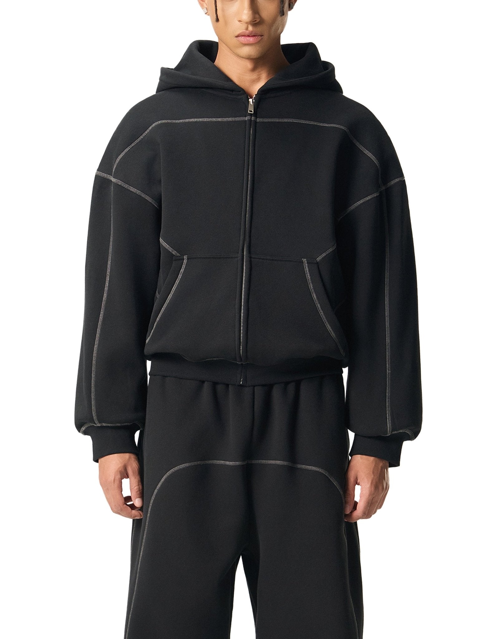 Contrast - Stitched Boxy Fleece Zip Hoodie - Simpleblanks