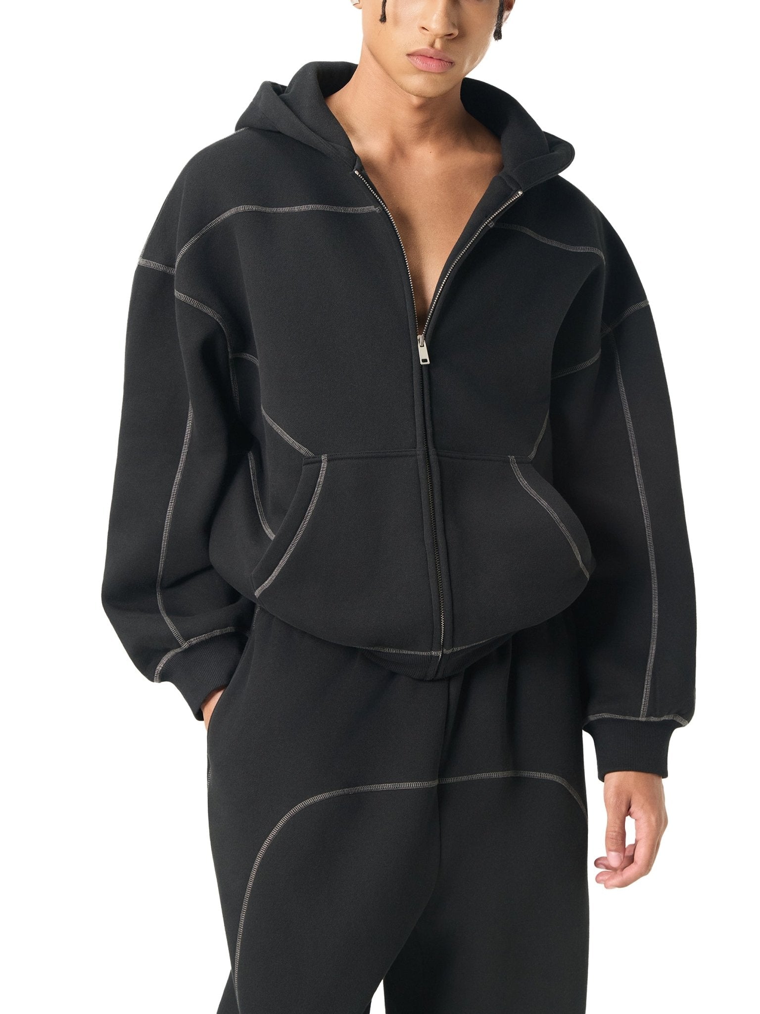 Contrast - Stitched Boxy Fleece Zip Hoodie - Simpleblanks