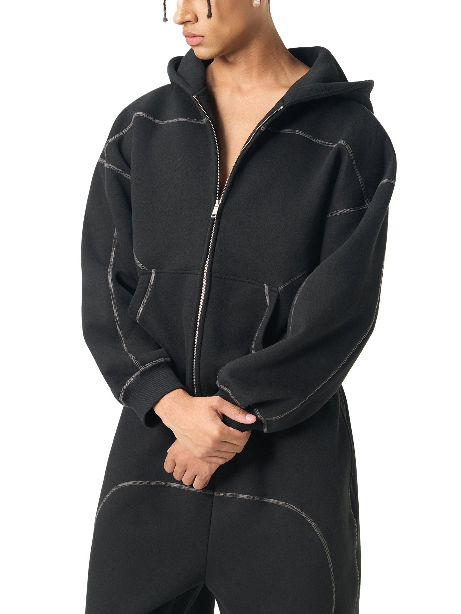 Contrast - Stitched Boxy Fleece Zip Hoodie - Simpleblanks