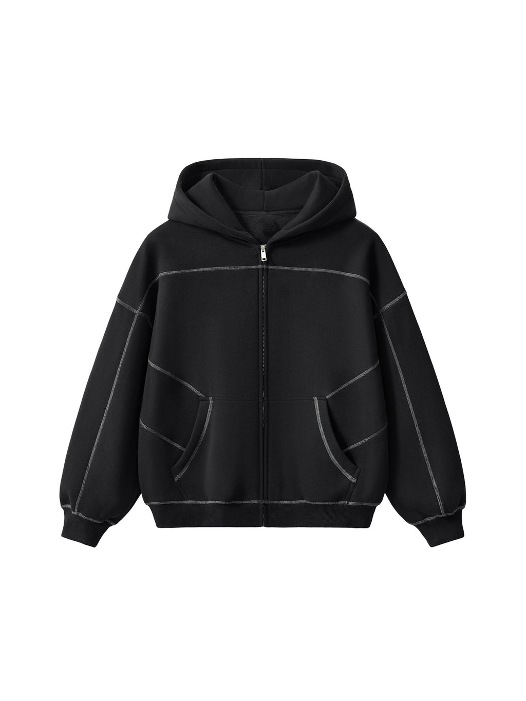 Contrast - Stitched Boxy Fleece Zip Hoodie - Simpleblanks