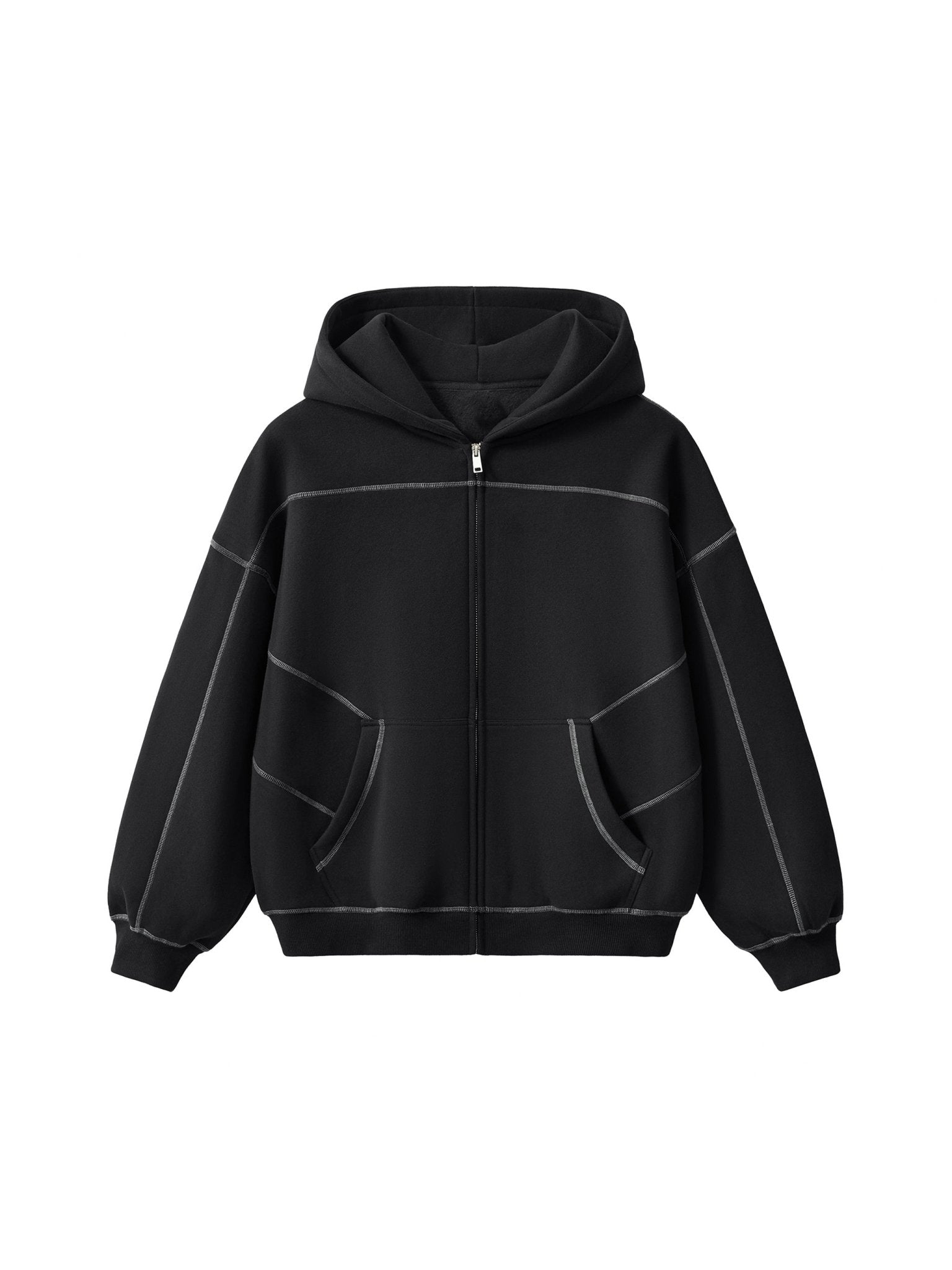 Contrast - Stitched Boxy Fleece Zip Hoodie - Simpleblanks